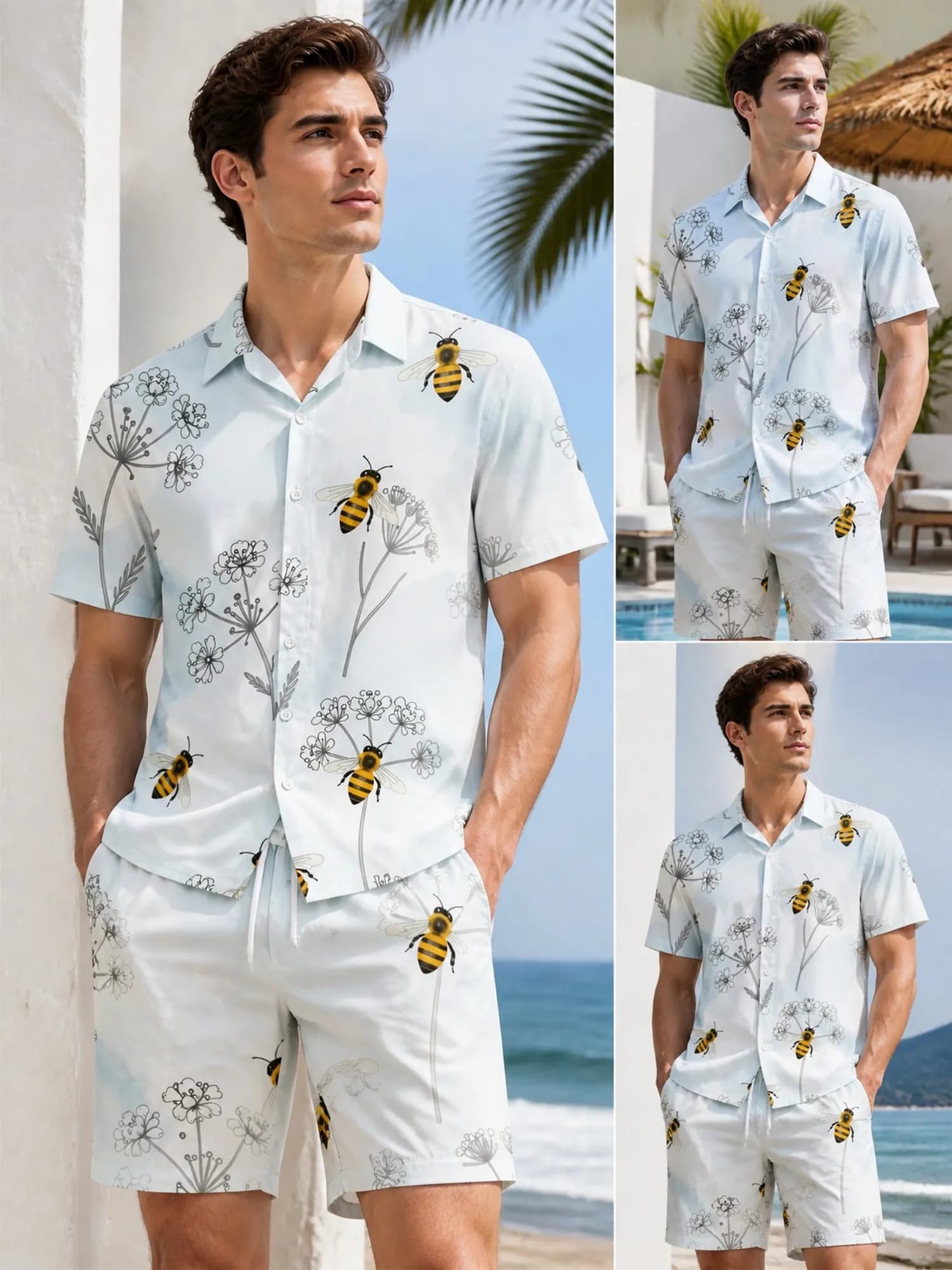 Mens Floral Short Sleeve Shirt and Drawstring Shorts Set Beach Vacation Matching Beach Two Piece Relaxed Beach Outfit Travelwear