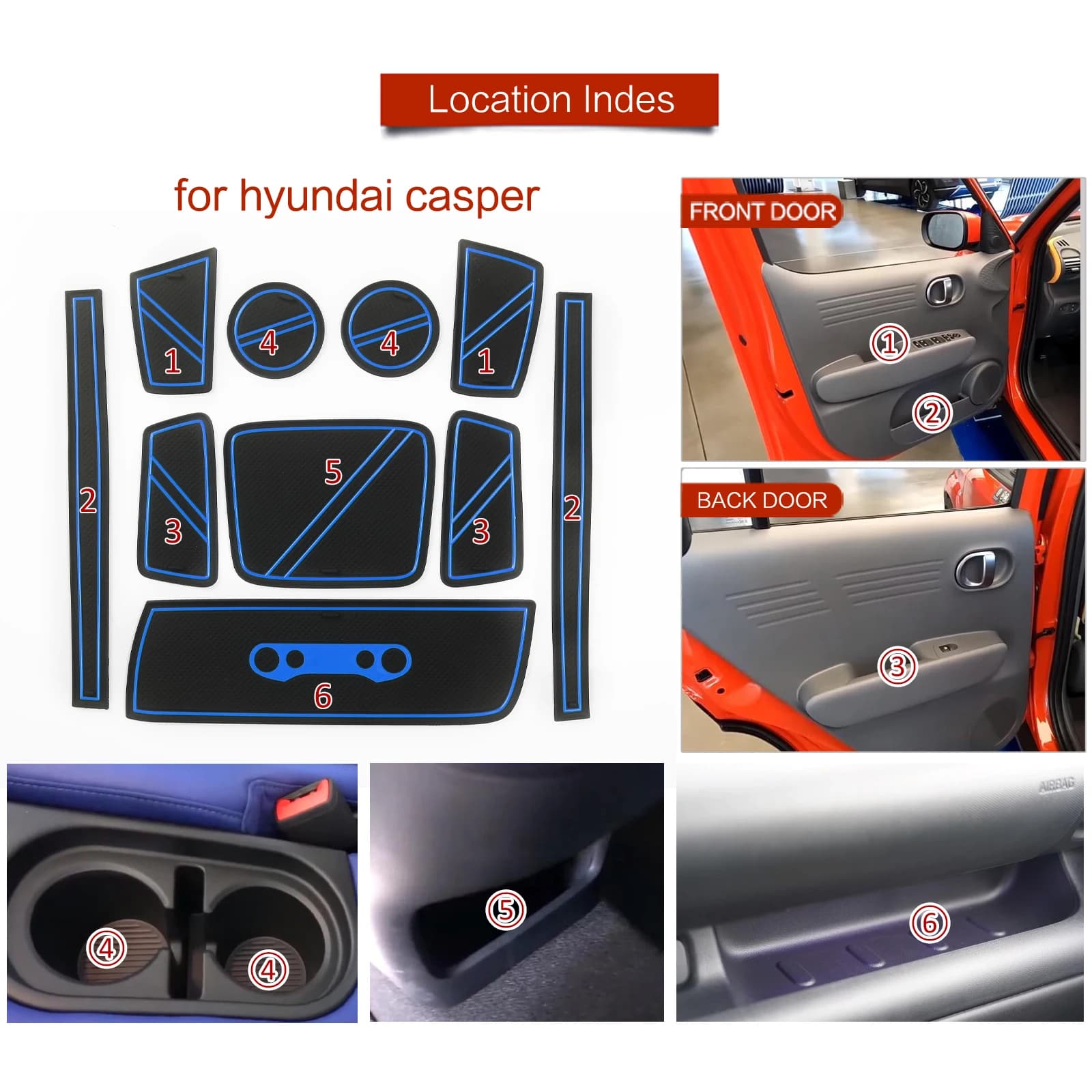 Anti-slip Carpets for Door and Glass Holders for Hyundai Casper 2021 2022, Set of 10 PVC Pieces, Interior Accessories