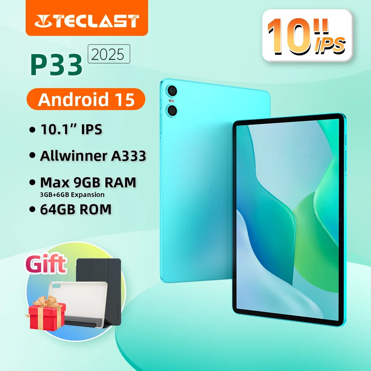 Tablet Teclast P33 Android 15, 10.1" IPS, A333 5-core, Max 9GB RAM (3GB+6GB Espandibili), 64GB ROM, Wi-Fi 6, Type-C, 6000mAh