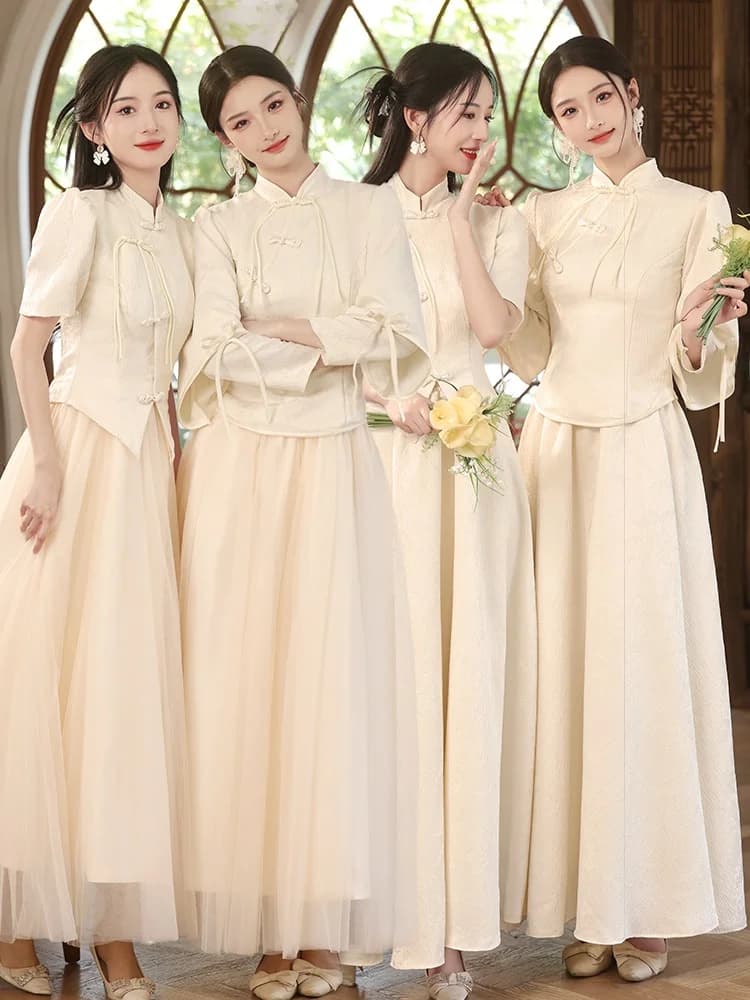 Chic Chinese Style Maidsmaid Dress Champagne Color Stand Collar Wedding Sister Group Gown Women's Improved Xiuhe Skirt