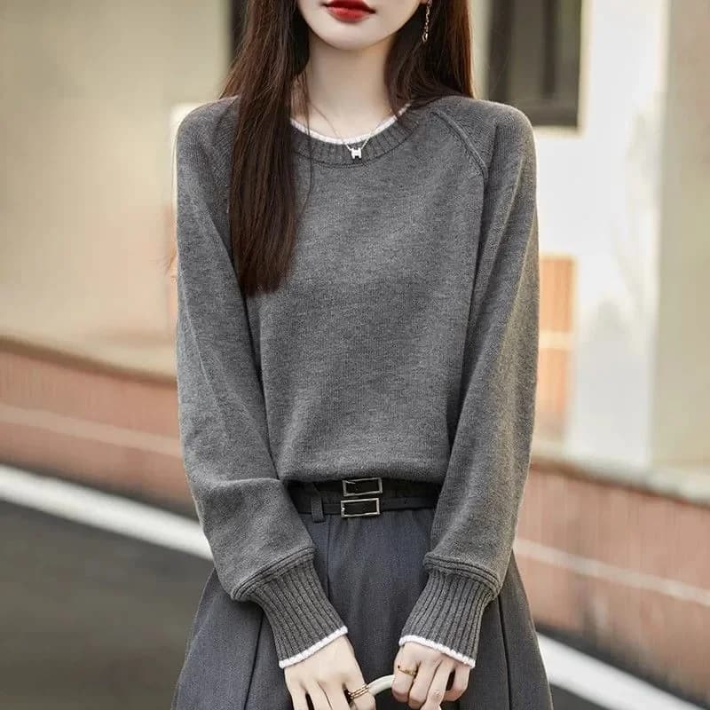 Women Round Neck Color Contrast Knit Sweater Loose Casual Long Sleeve Pullover Basic Base Top Autumn Winter Plus Size Available