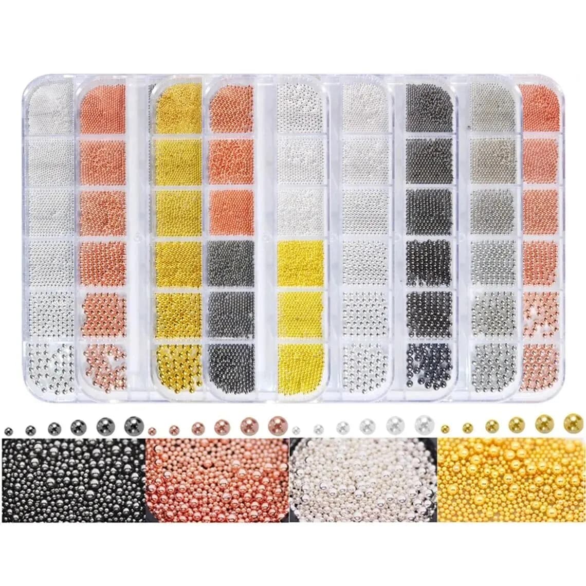 1 scatola 6 dimensioni 0.8-3.0mm perline di metallo rotonde oro argento rosa decorazioni per unghie micro borchie a sfera in acciaio per unghie manicure fai da te