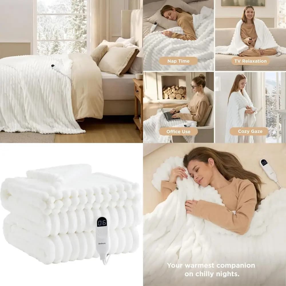Coperta elettrica in flanella a righe spesse di dimensioni doppie con 10 opzioni di timer, 6 livelli di calore e spegnimento automatico di 8 ore, regalo perfetto per Gran