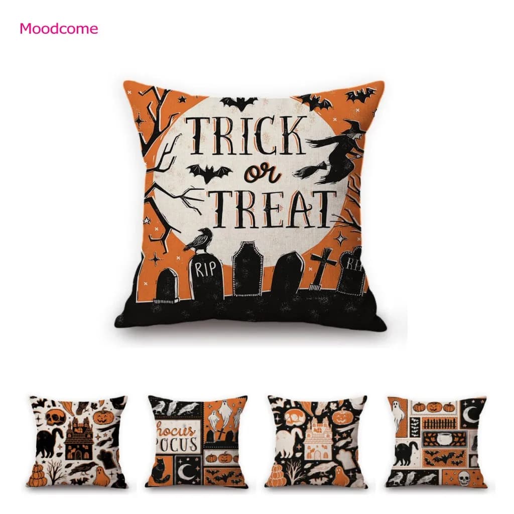 Strega spettrale Hocus Pocus Gatto nero Corvo malvagio Modello Decorazione di Halloween Arte del fumetto Federa per cuscino per divano Fodera per cuscino in lino
