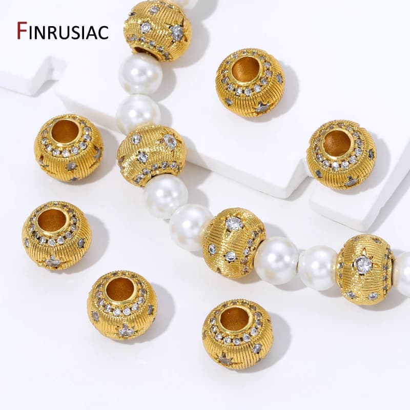 Perline distanziatrici rotonde in ottone placcato oro 18 carati per braccialetti, perline a sfera con zirconi intarsiati 7,2*9 mm per la creazione di gioielli fai da te.