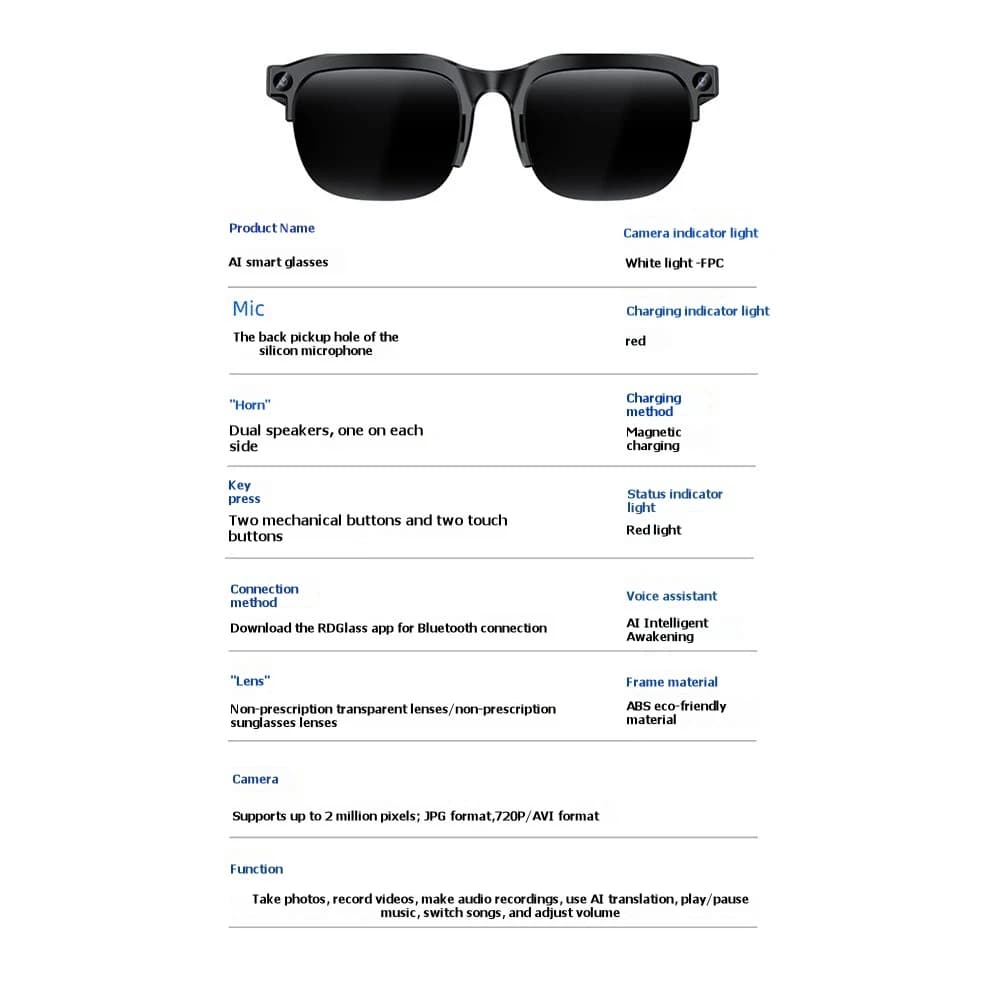 Classic-Bluetooth AI Smart Glass Sunglasses Translation Photo Recognition HIFI Music Dual Speakers For Men Women