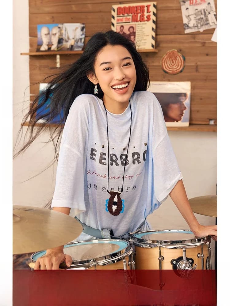 BeerBro Music Festival Exclusive Women's Loose Fit Short Sleeve T-Shirt Thin Transparent Spray Color Summer Street Style Pure...