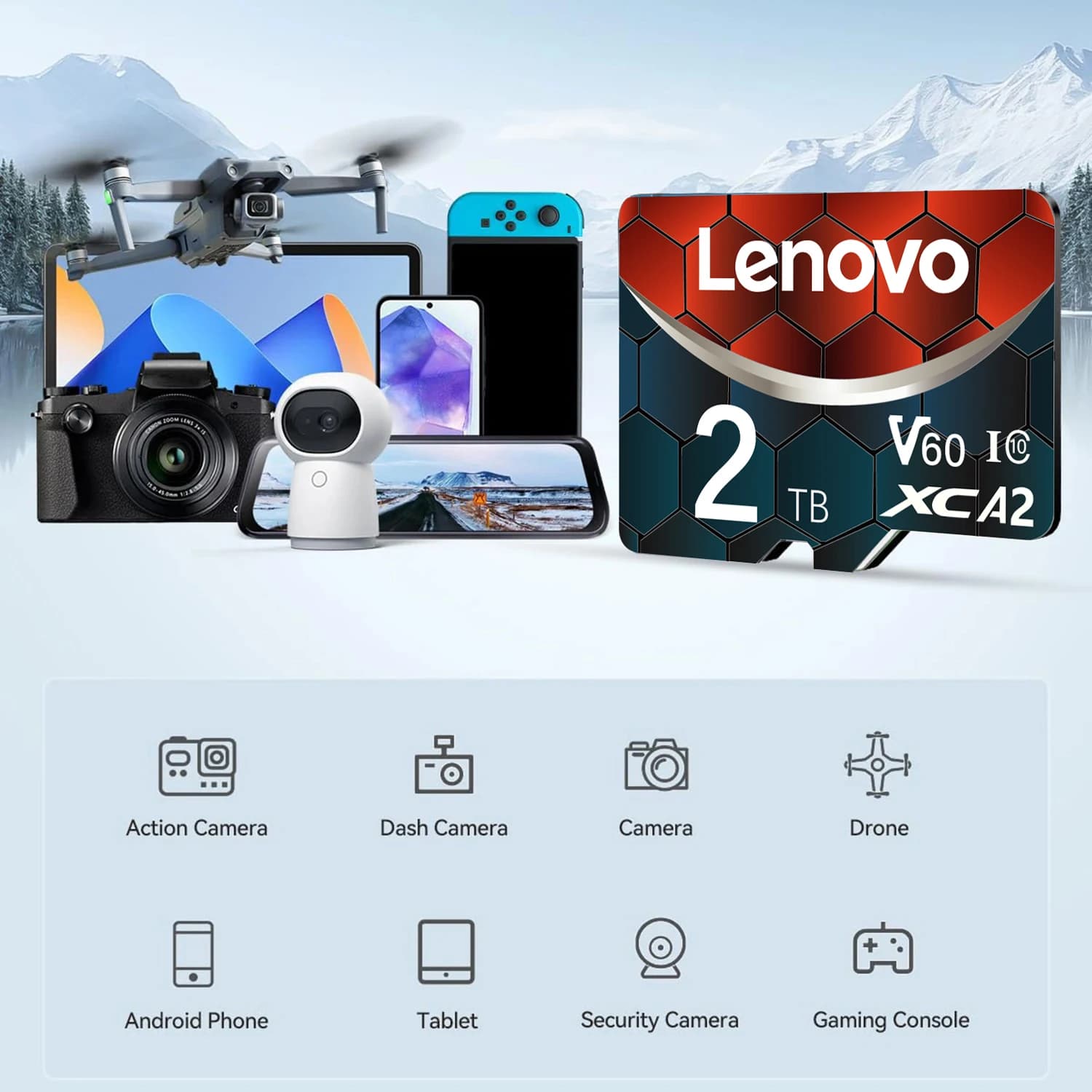 Scheda di Memoria SD Lenovo ad Alta Velocità 2TB 1TB A2 U3, Micro SD Card Classe 10 V60, Schede Flash TF 512GB per Telefono, Fotocamera, PC