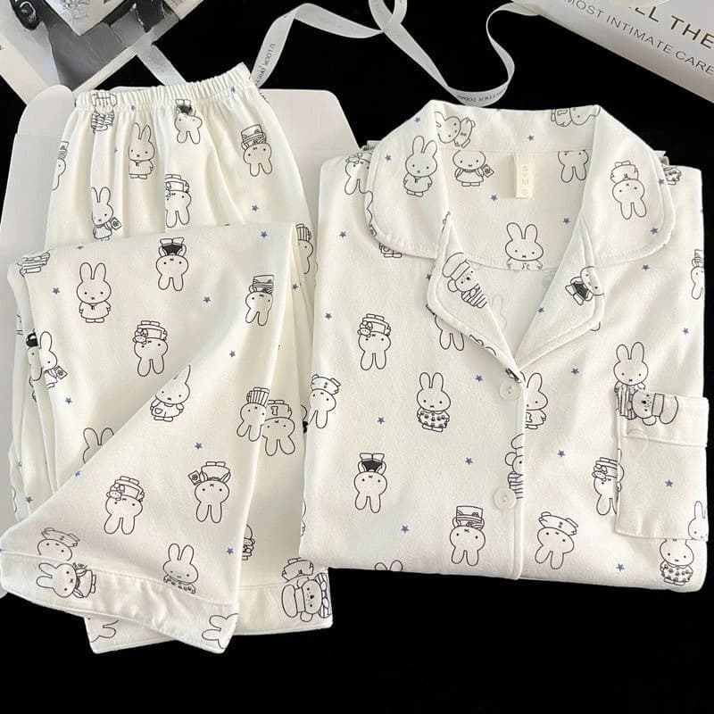 Kawaii Miffy Bunny Set di indumenti da notte in flanella spazzolata termica Accogliente davanti aperto per le donne Pigiama autunno inverno simpatico cartone animato K-trend