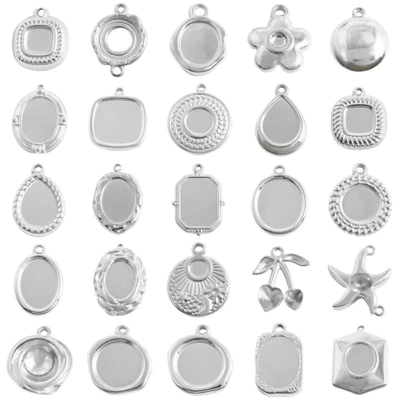 5 pezzi di impostazioni vuote in metallo non sbiadito, rotondi, quadrati, con gocce d'acqua, cabochon, pendenti con ciondoli in acciaio inossidabile per la creazione di gioielli