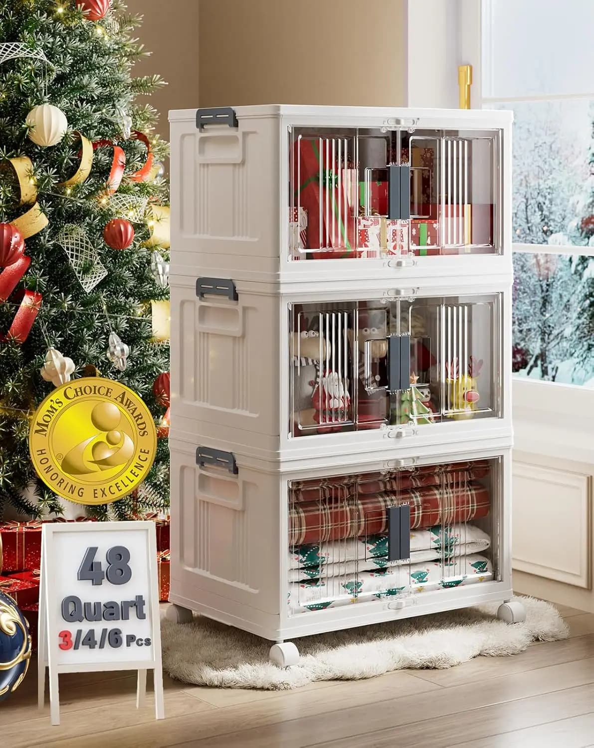 Contenitori portaoggetti pieghevoli con coperchi, ante e ruote - Confezione da 3 scatole organizer pieghevoli in plastica per casa, armadio e viaggi