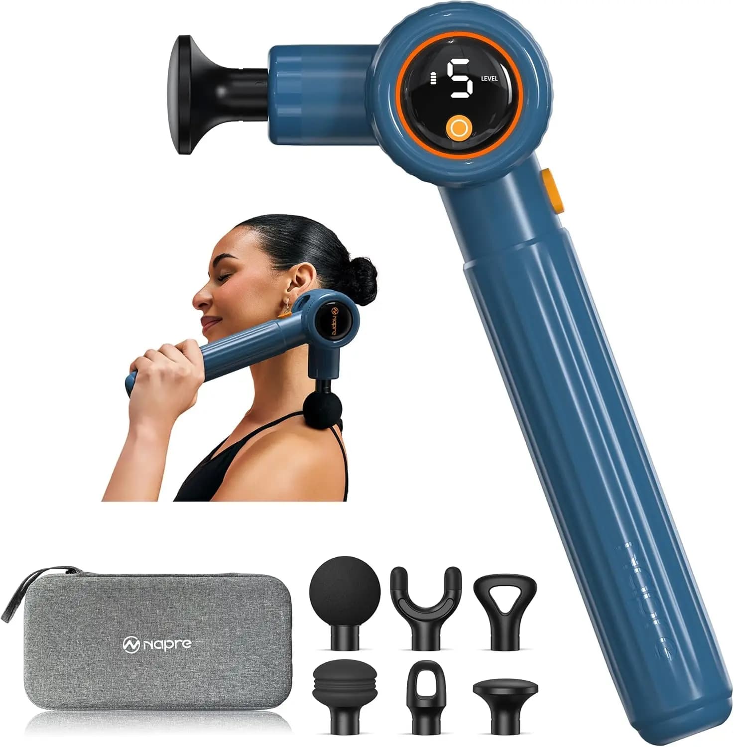 Pistola per massaggio muscolare profondo con impugnatura estensibile, 3 angoli regolabili, massaggiatore muscolare a percussione portatile per alleviare il dolore a schiena, collo e spalle, portatile con custodia, blu
