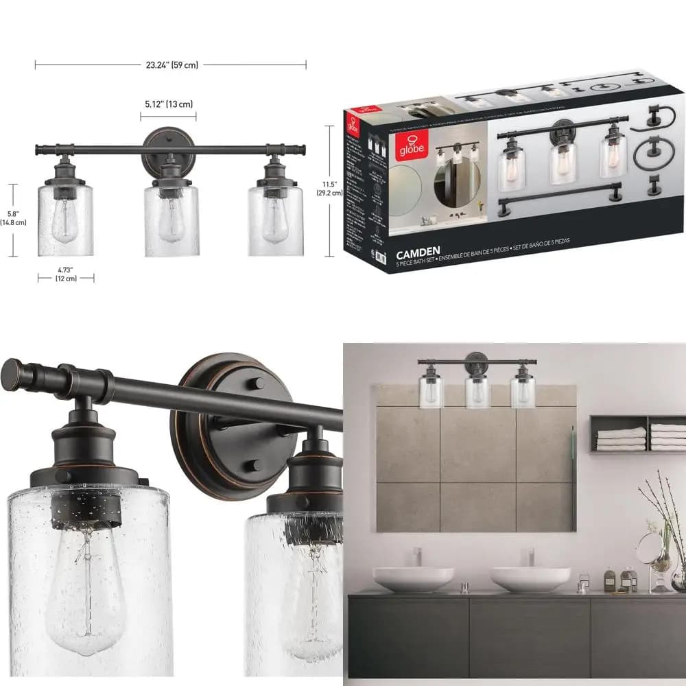 Set Bagno Completo 5 Pezzi Camden 51415, 3 Luci da Specchio con Paralumi in Vetro Sfaccettato, Barra, Anello Porta Asciugamani, Gancio Porta Accappatoio, Porta Carta Igienica