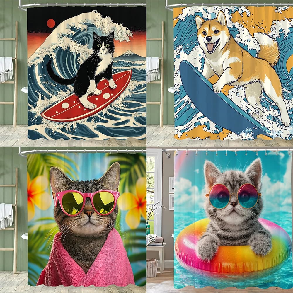 1 Pezzo Tenda da Doccia Divertente e Creativa con Gatto e Cane Surfisti, Tenda da Bagno a Cartoni Animati, Tenda Decorativa in Poliestere per la Casa con Ganci