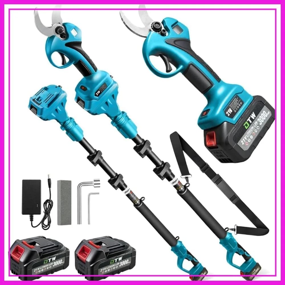 Forbici Elettriche a Batteria con Asta, 21V 2x3.0Ah Batterie, Display LCD e Lame SK7, Taglio Regolabile 15-30mm