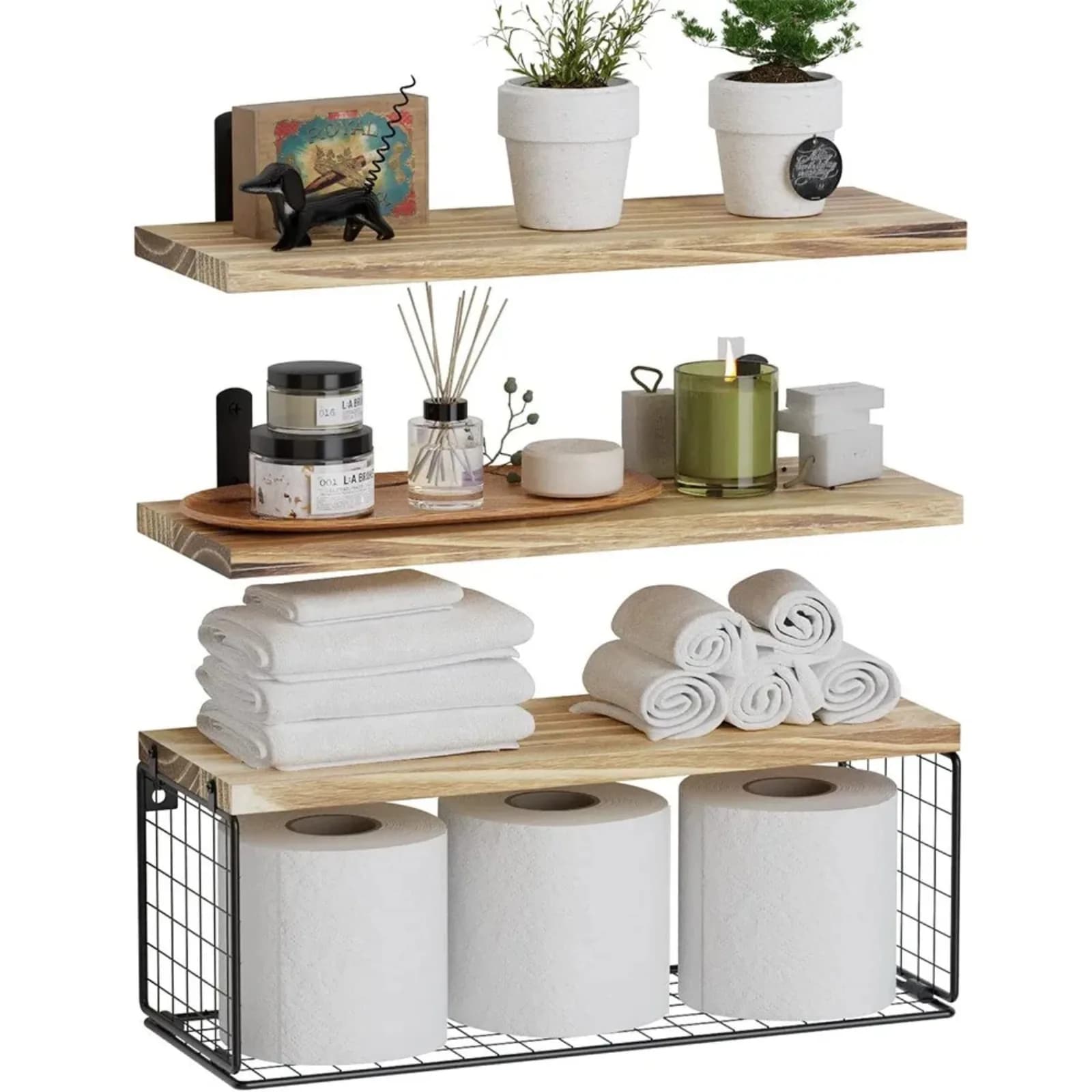 Bathroom Floating Shelf Wall Mounted Wooden Storage Rack Multi Layer Organizer Space Saving Toilet Paper Holder Home Decor
