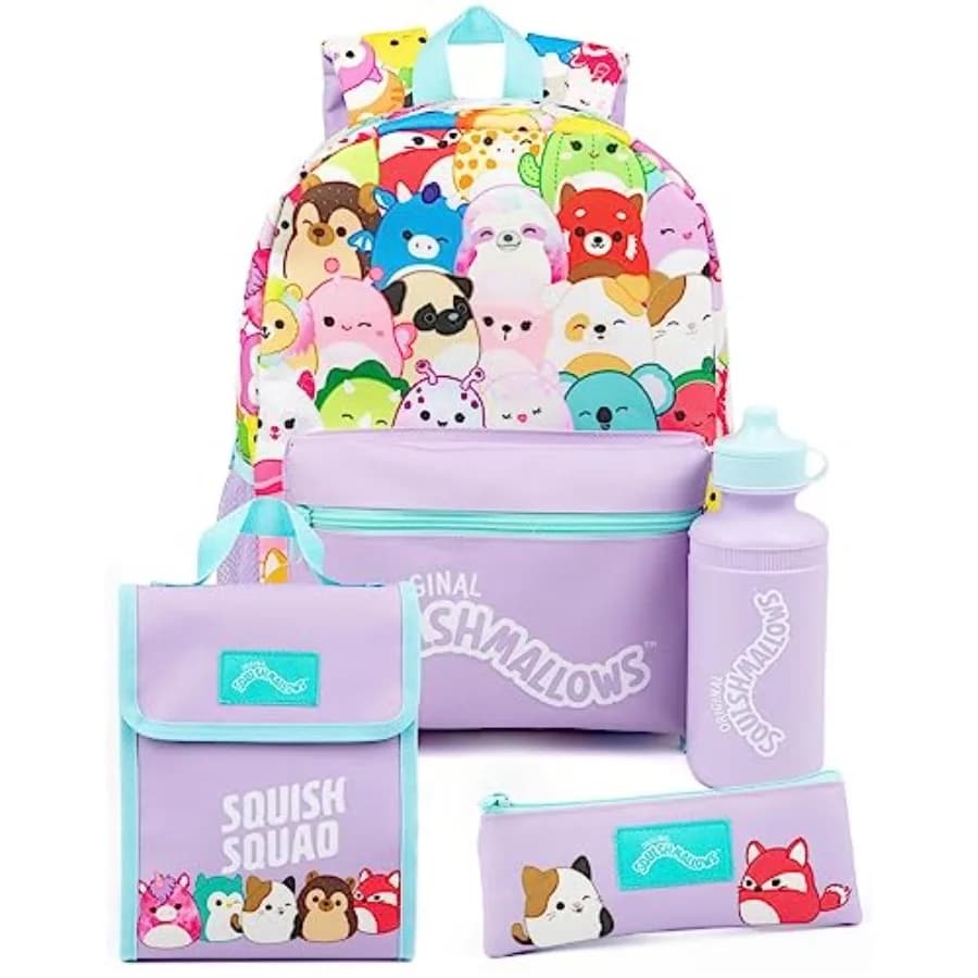 Set Zaino 4 Pezzi Squishmallows per Ragazze, Zaino Viola con Borsa Scuola, Astuccio, Borsa Pranzo e Bottiglia d'Acqua