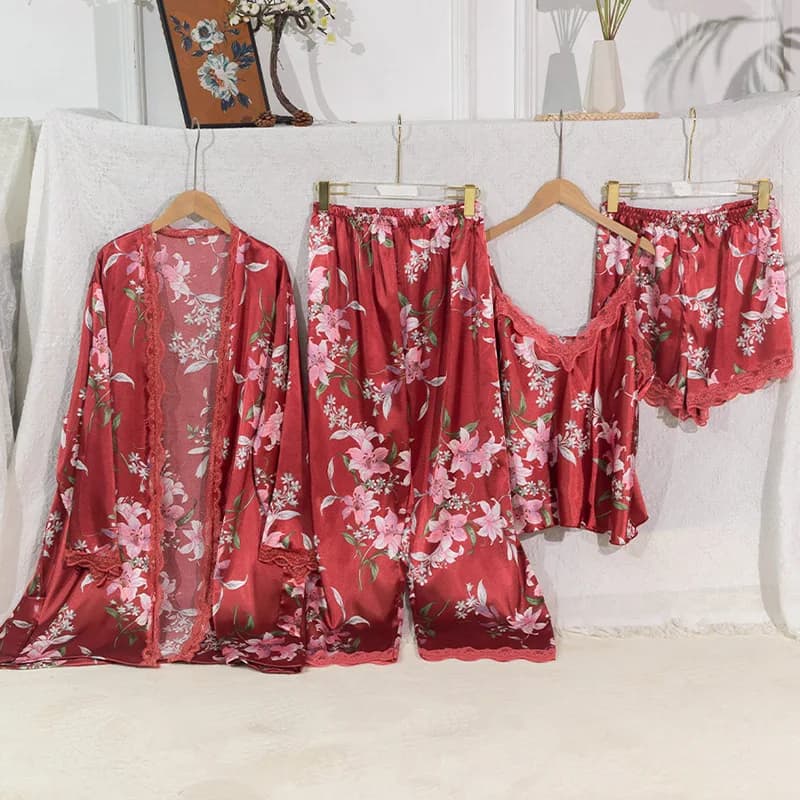 Large women's pyjamas 4 pieces Set clothes for silky house Pigiama Dress with floral print Kimono Bathrobe loose night dress Pigiama