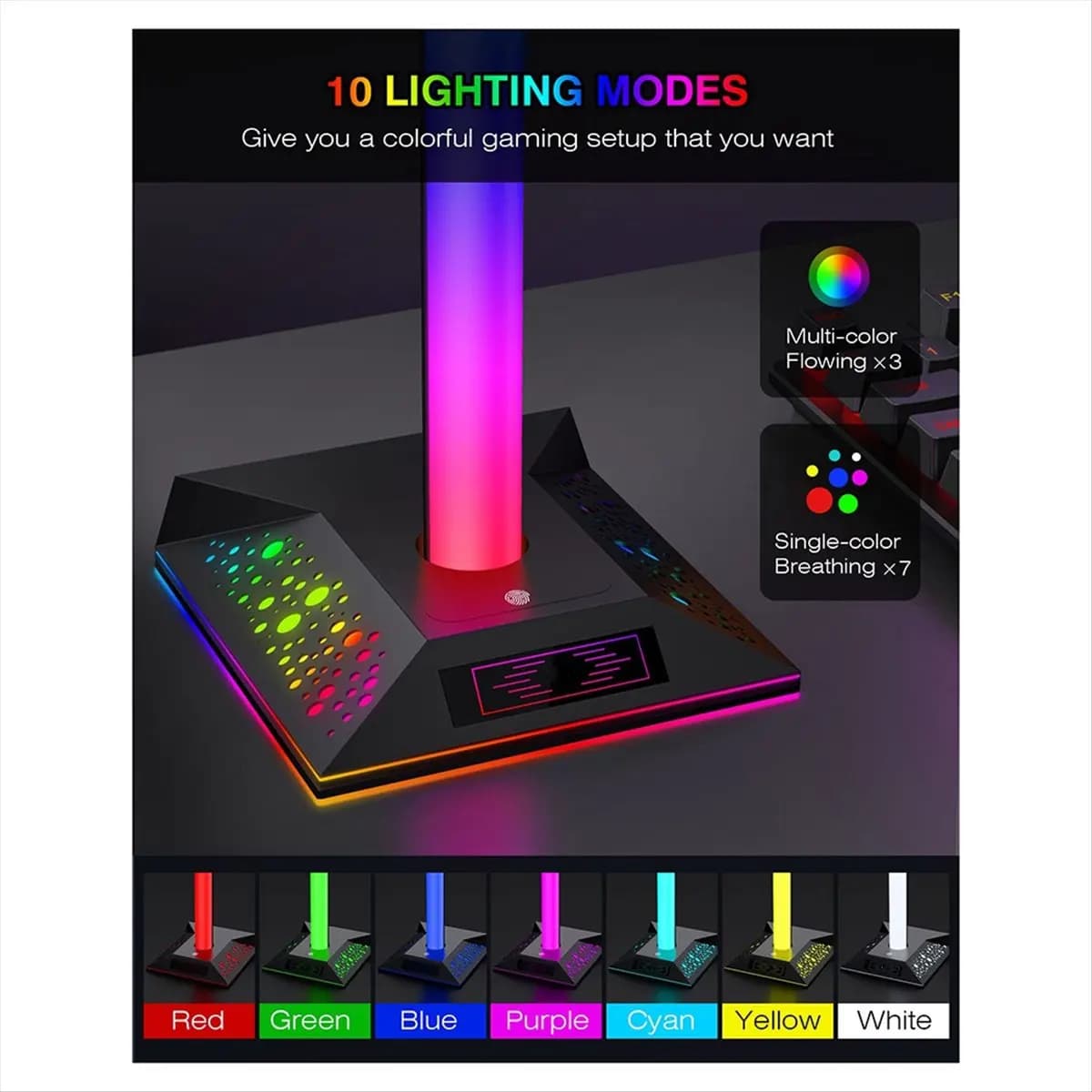 A25I Game Headphone Stand RGB Light with Dual USB Ports 3.5mm Audio Touch Headphone Stand Light
