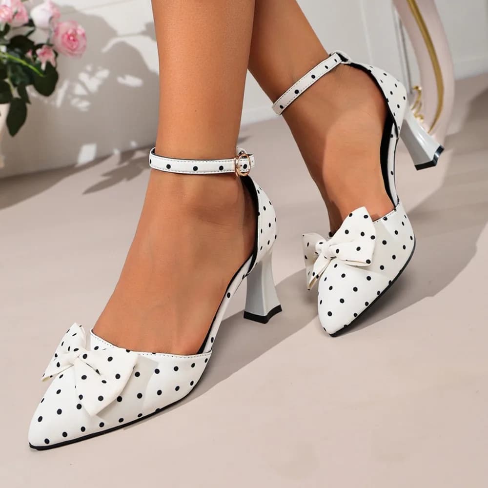 Elegant Polka Dot Pointed Ankle Strap Sandals Women Summer 2026 New French Retro Bowknot High Heel Sandals Woman's Party Shoes