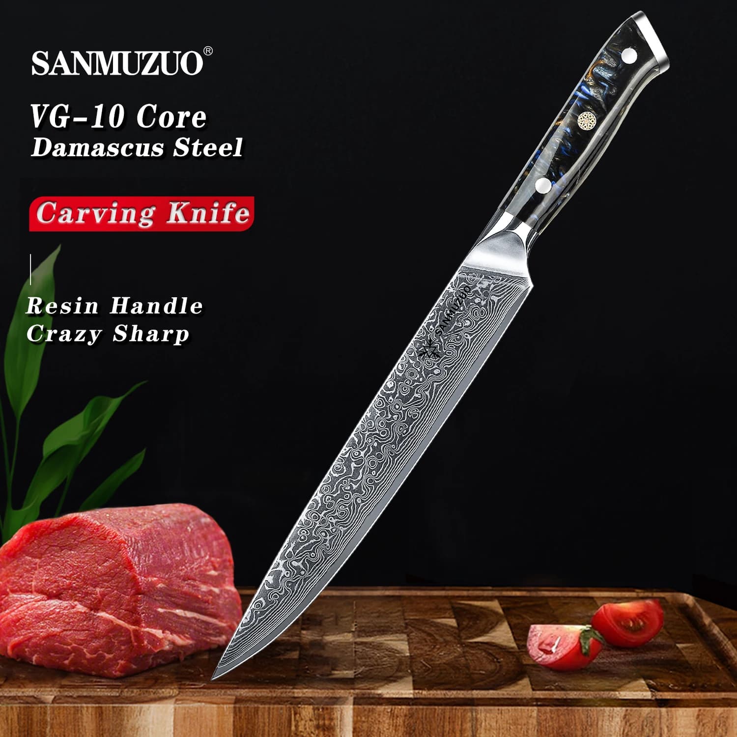 SANMUZUO Coltello da taglio per carne - Coltello da intaglio da 9 pollici - Serie Xuan - Coltello da taglio per carne da cucina in acciaio damasco VG10 - Manico in resina