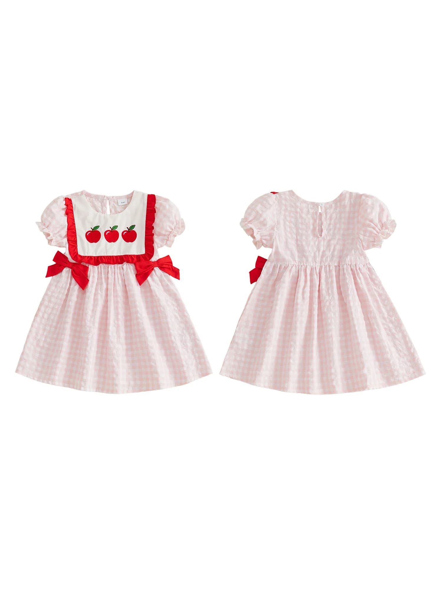 Toddler Girl s Back to School Plaid Dress with Short Sleeve Round Neck and Apple Embroidery Detail - A-Line Style