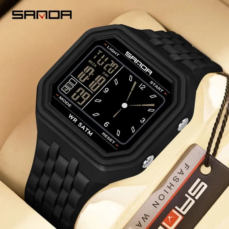 SANDA New Men Analog Pointe Digital Watch 5Bar Waterproof LED Luminous Multi functional Student Dual Display Sport Wristwatch