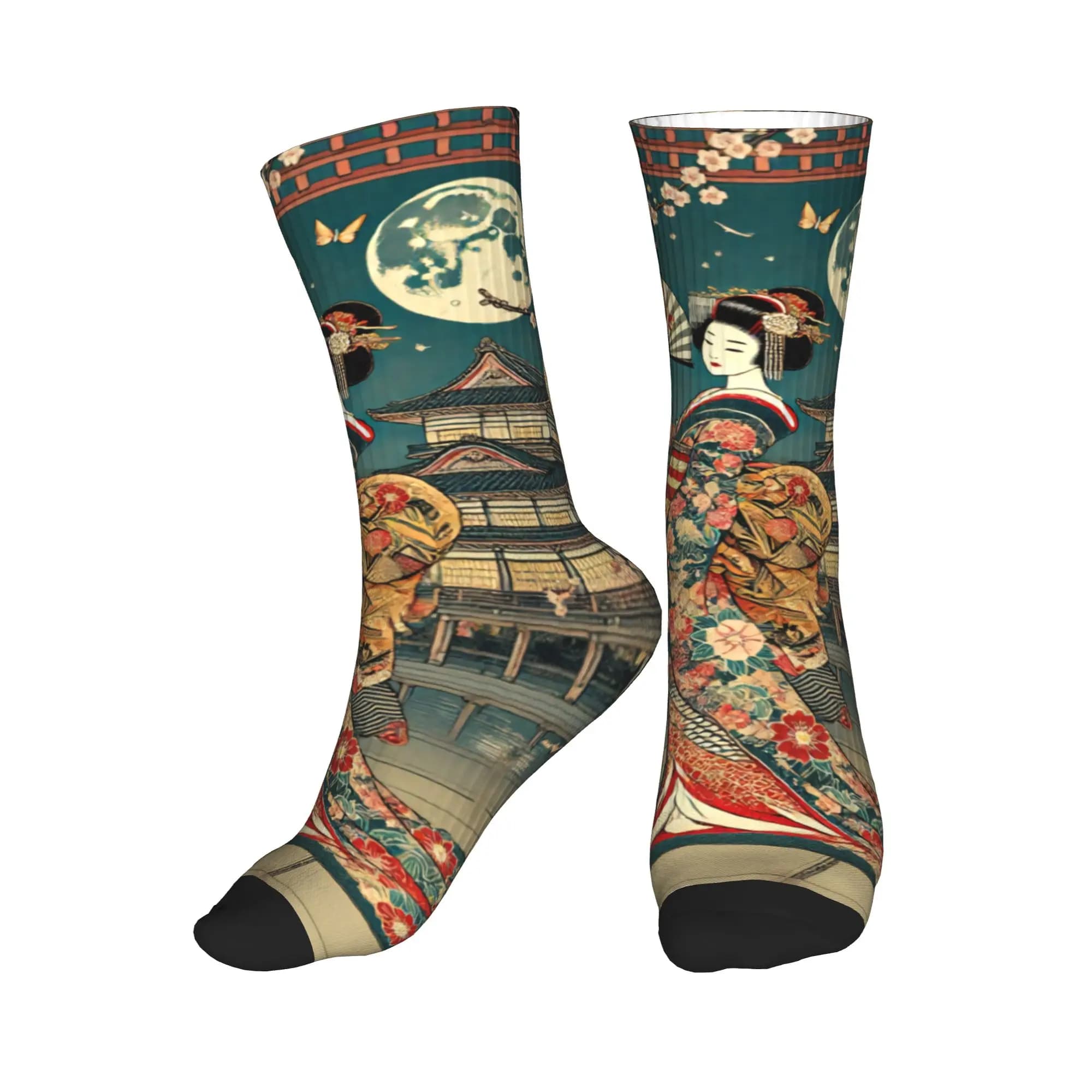 Kawaii Three Kimono Ladies Moon Sakura Ukiyo-e Oriental Fantasy Socks Women Men Warm 3D Printing Sports Basketball Socks