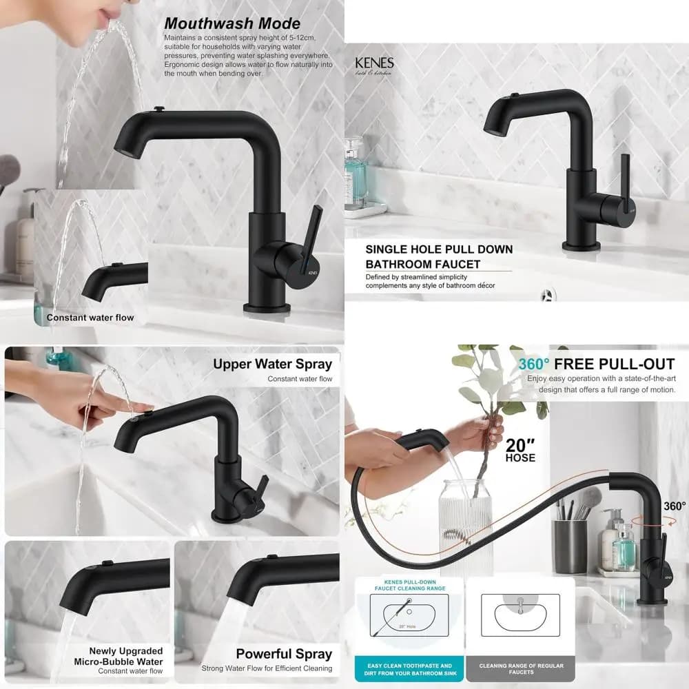 Matt black monocommand washbasin tap with removable spray, washbasin kit with pop-up exhaust and power lines, Mo