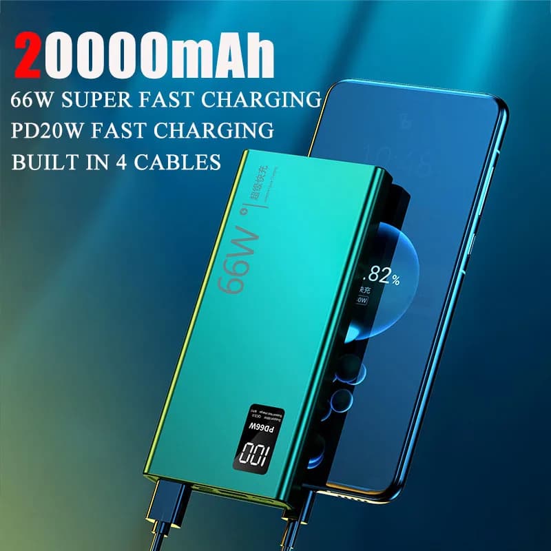 Power Bank 20000mAh 66W Fast Charging Portable External Battery Charger Powerbank With Cables for iPhone 16 15 Pro Xiaomi Huawei
