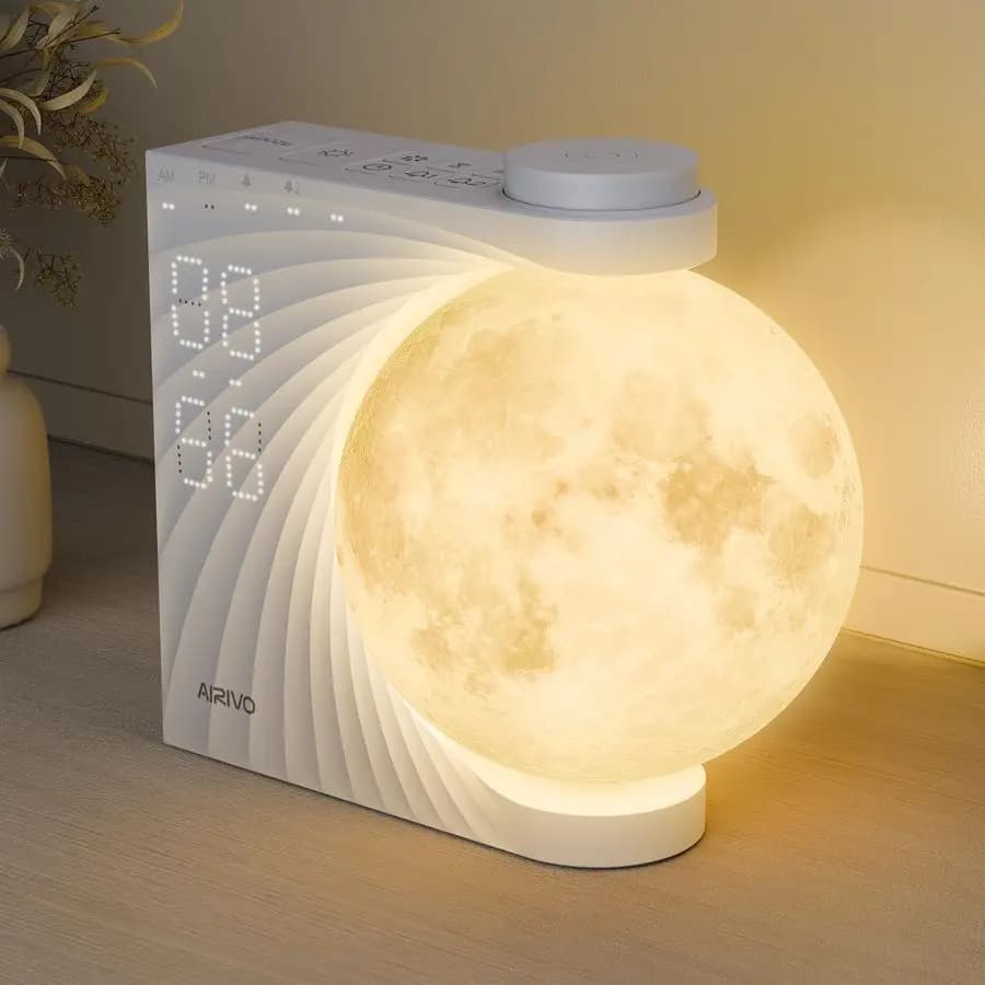 Sveglia con luce notturna a forma di luna per camere da letto, luce sveglia per bambini e ragazzi, macchina del rumore bianco, 15 suoni, doppia A