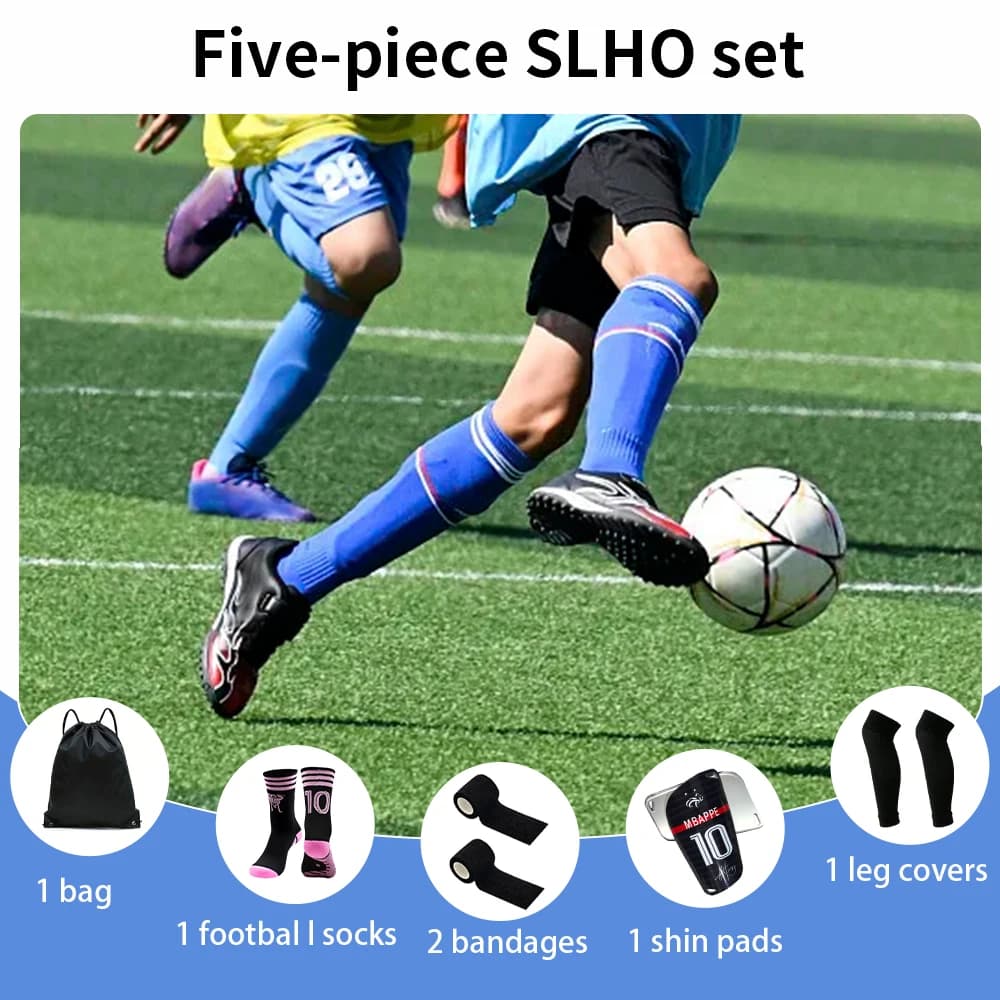 Set di 5 Pezzi Calze Sportive da Calcio per Uomo e Donna, Benda Sportiva, Sacca per Pallone con Cordoncino, Parastinchi, Calze Elastiche per Polpacci, Calze a Compressione