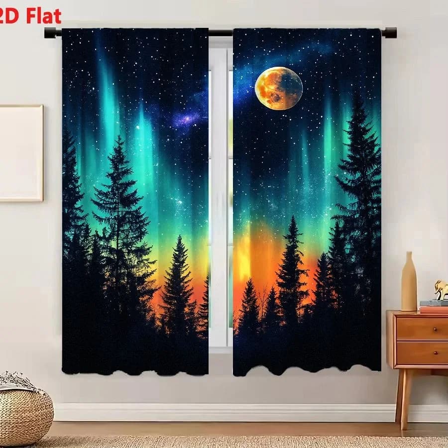 2Pcs Curtains 2D Flat Vibrant Night Sky Aurora Borealis Over Pine Forest With Glowing Moon And Nebula Window Drapes for Bedroom
