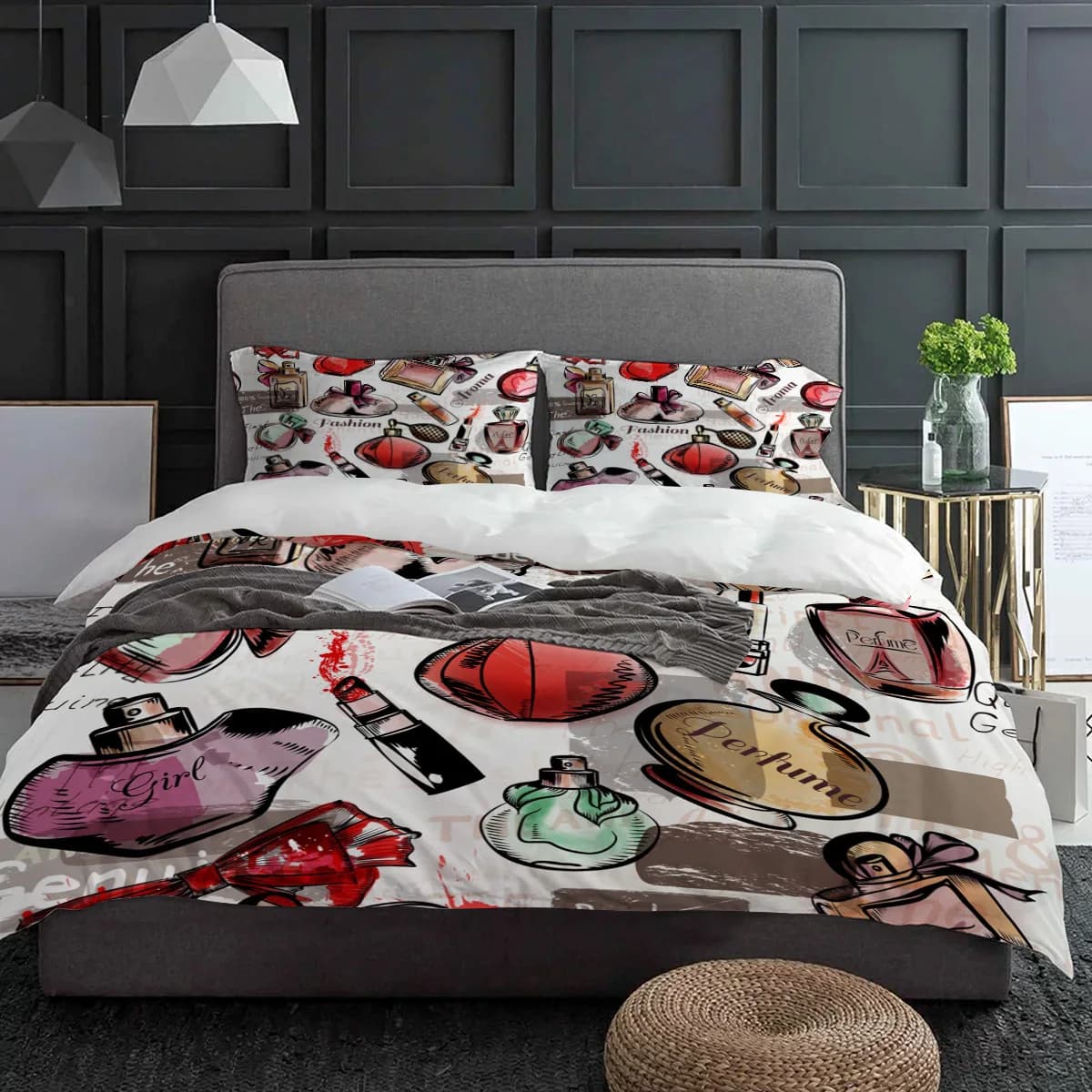 Profumo cosmetico Rossetto Crema idratante Set biancheria da letto 3 pezzi Copripiumino Federa Bambini Copripiumino per adulti Set letto matrimoniale Tessili per la casa