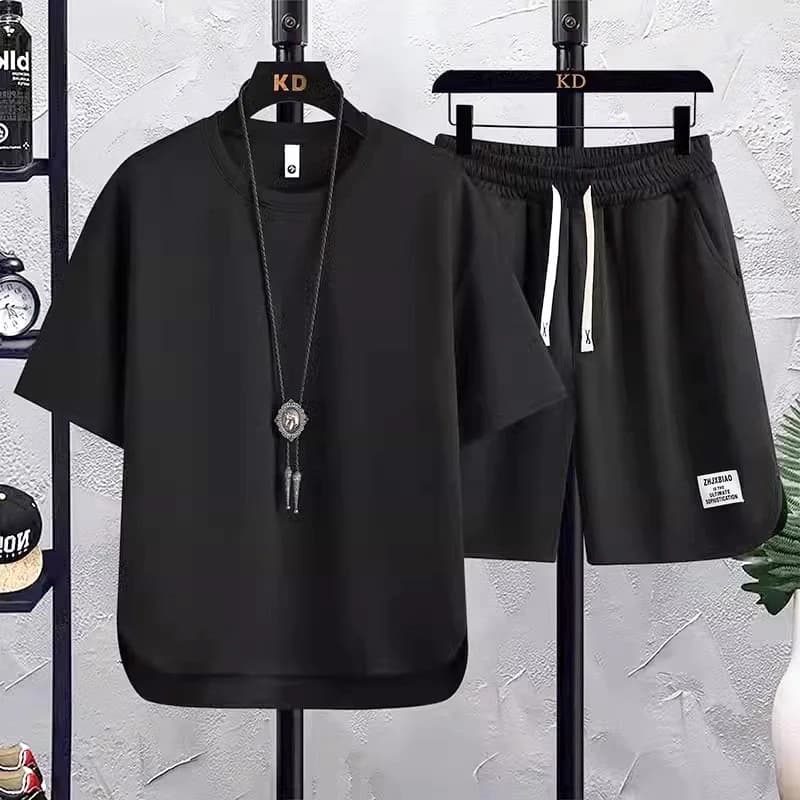 New Fashion Summer Men's Solid Color Sports 2 Piece Sets Casual Trendy Short Sleeve O-neck Loose T-shirts Drawstring Shorts Male