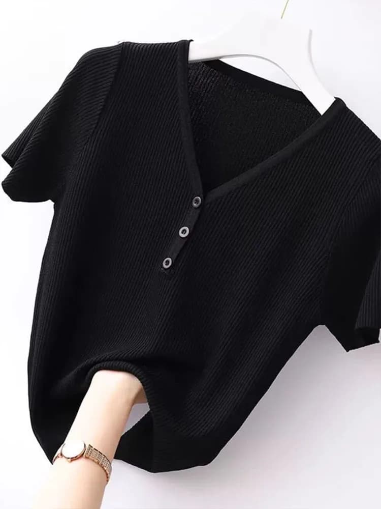 Ice Silk Knitted Short Sleeve T-Shirt Women's Summer Thin V-neck Top Korean Style Commute Pure Color Slim Fit Regular Length