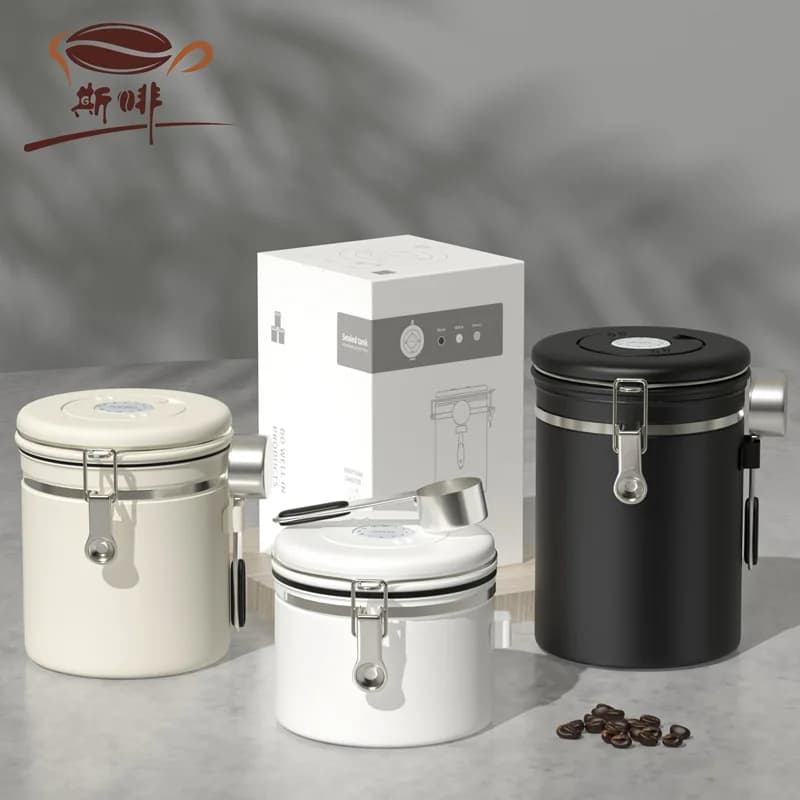 Coffee bean sealed tank 304 stainless steel exhaust valve breathing seal storage with spoon fresh-keeping tank coffee