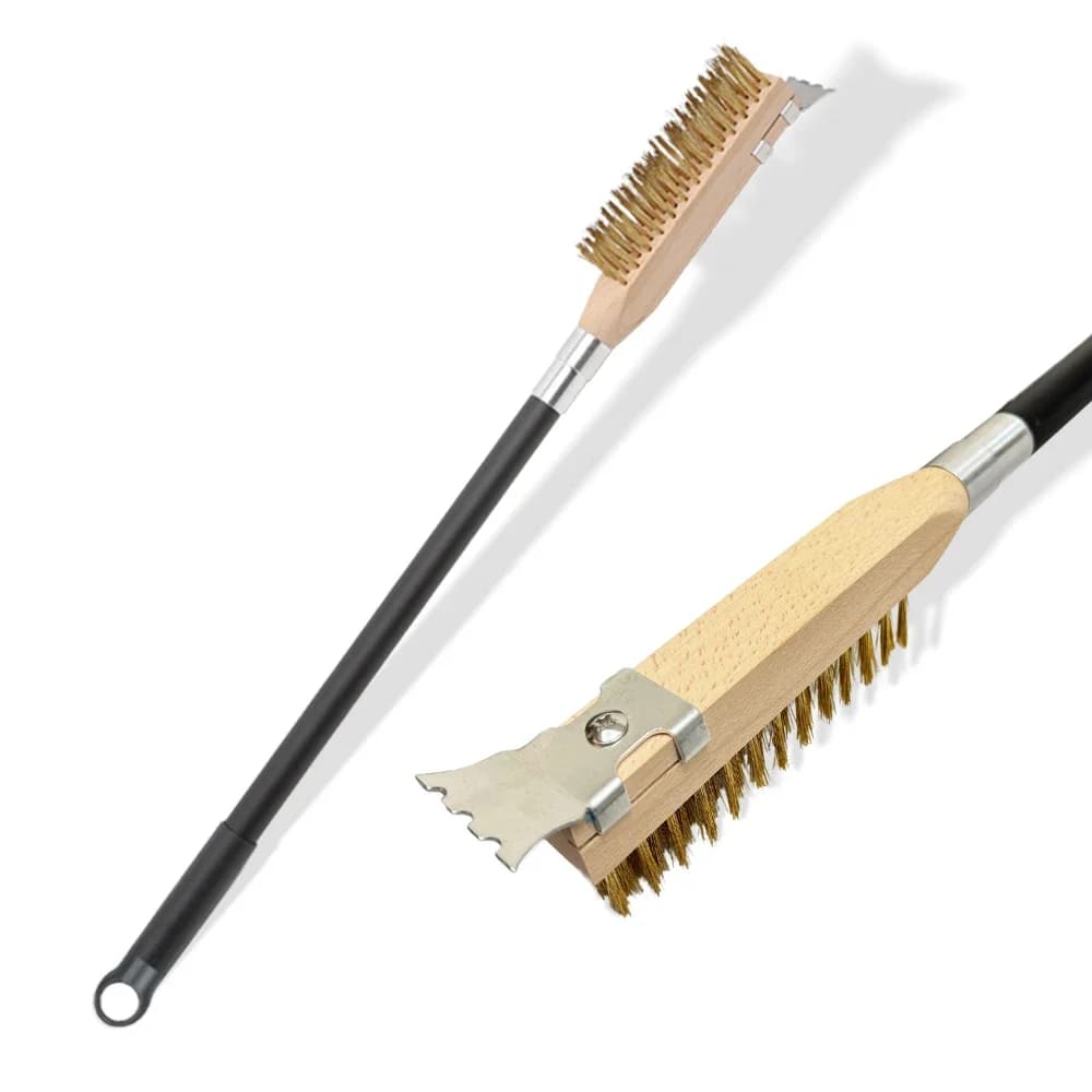 2 in 1 Pizza Oven Brush Copper Stove Brush Bristle Brass Long Wood Handle Grill Cleaning Oven for Small Kitchen Tool
