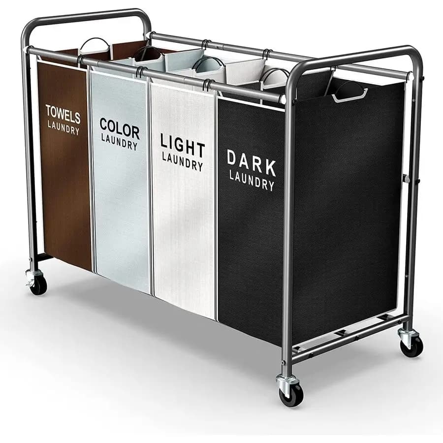 Carrello Portabiancheria con 4 Scomparti, Organizer con Ruote Bloccabili Resistenti e Sacchi Rimovibili, Cesto per Bucato con Ruote da 172L