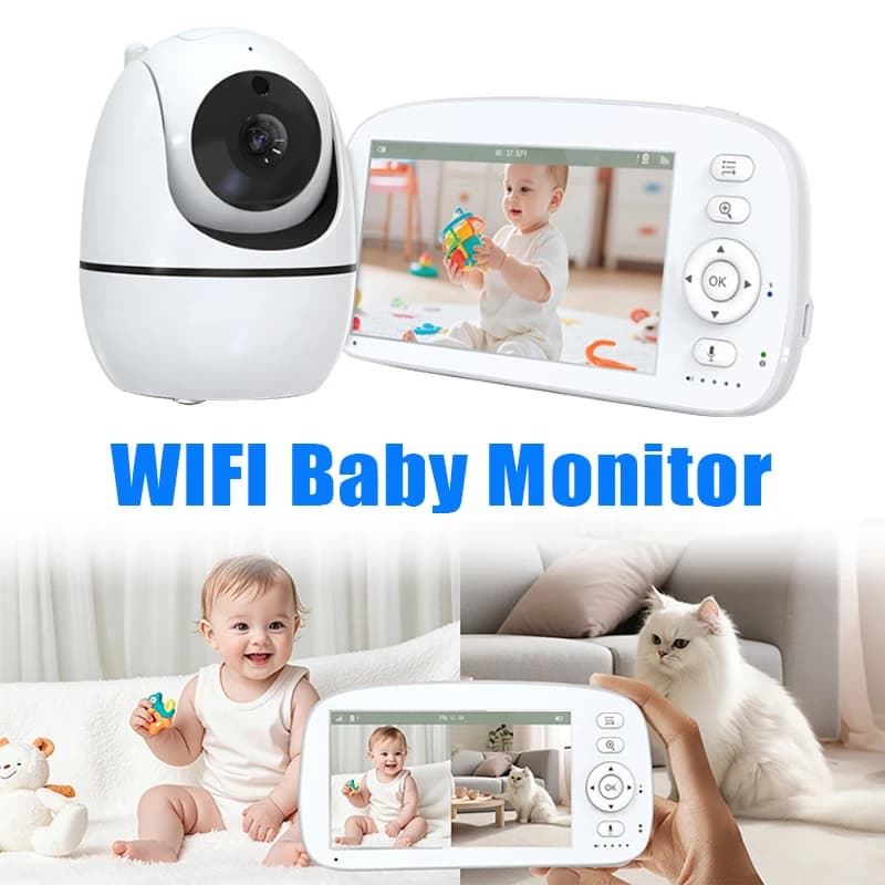 Baby Monitor Wireless con Schermo IPS da 5 Pollici, Visione Notturna, VOX, Comunicazione Bidirezionale, Telecamera PTZ Rotante, Ninna Nanna, Monitor Video Portatile