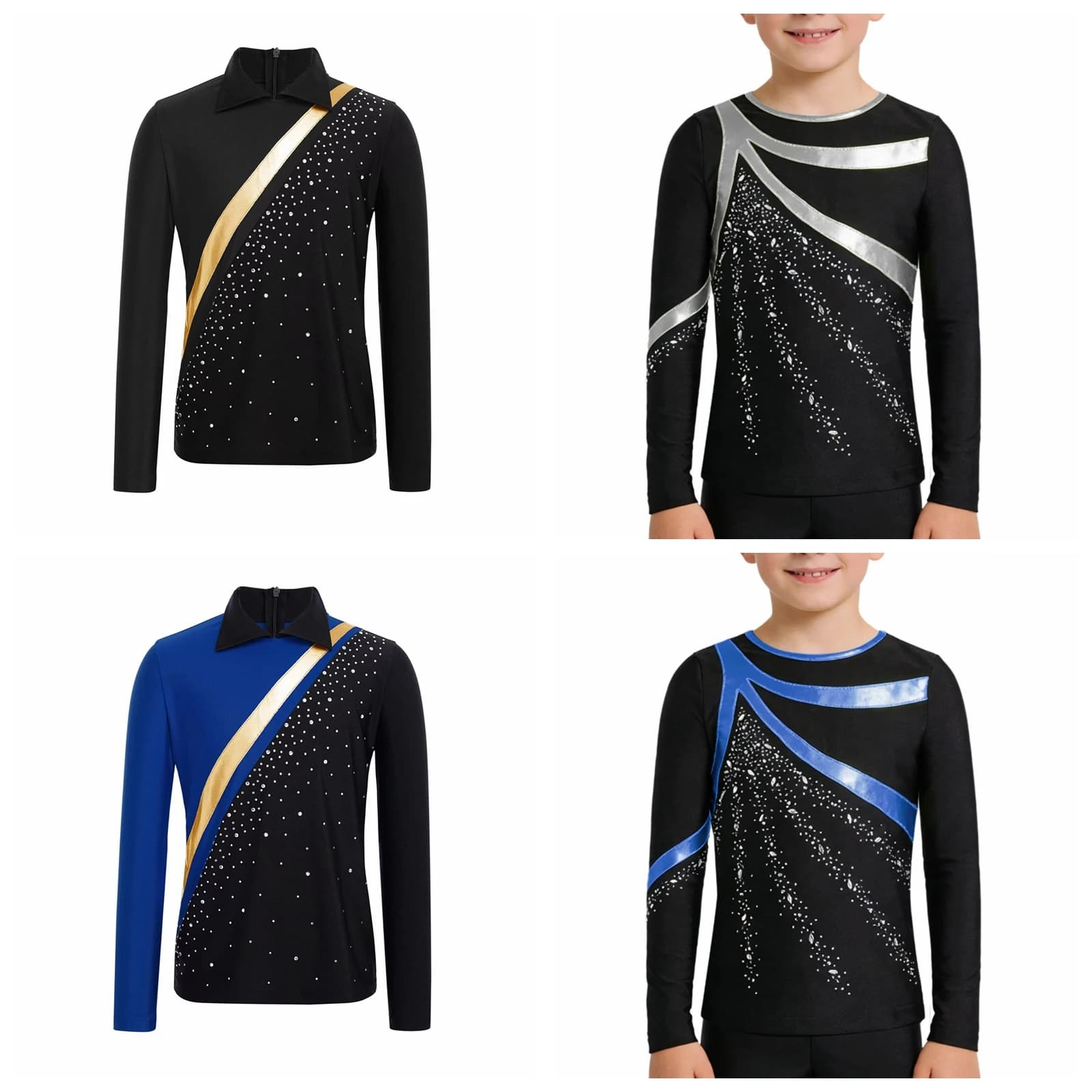 Boy Rhinestones Long Sleeve Top Latin Dance Ice Skating Clothes Kids Boys T-shirts Children Exercise Figure Skating Costume