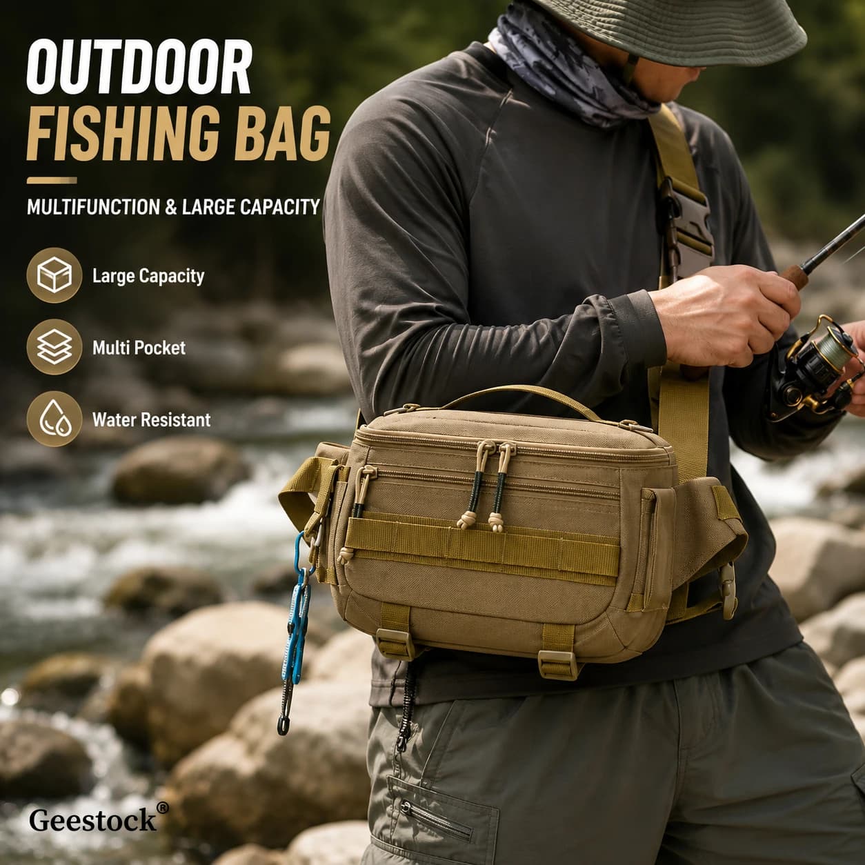 Geestock Outdoor Lure Fishing Bag Fishing Chest Waist Bag Large Capacity Multi Pocket Tackle Pack For Men Hunting Camping Hiking