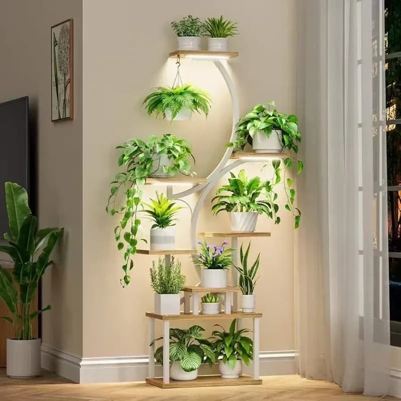 Indoor Flower Stand With Flower Pot, Plant Light, Floor-to-ceiling Rack Splicing Flower Rack, Multi-layer Iron And Wood