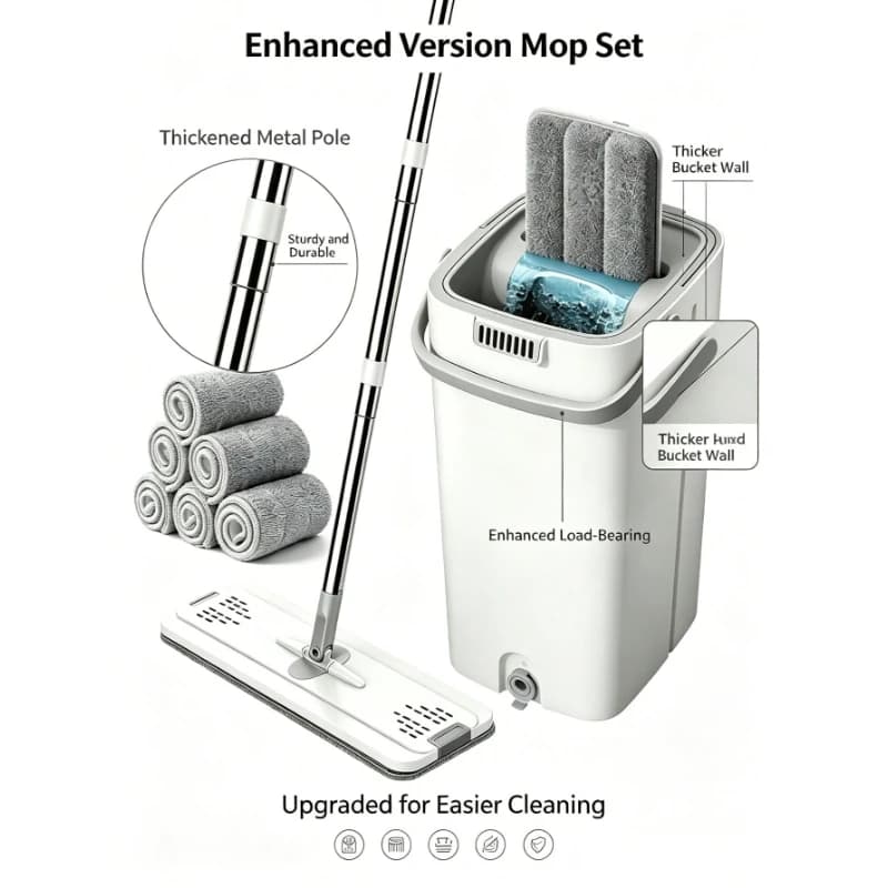 Mop and Bucket with Wringer Set Flat Floor Cleaning 6 Microfiber Pads Wet Dry for Kitchen Bathroom Home