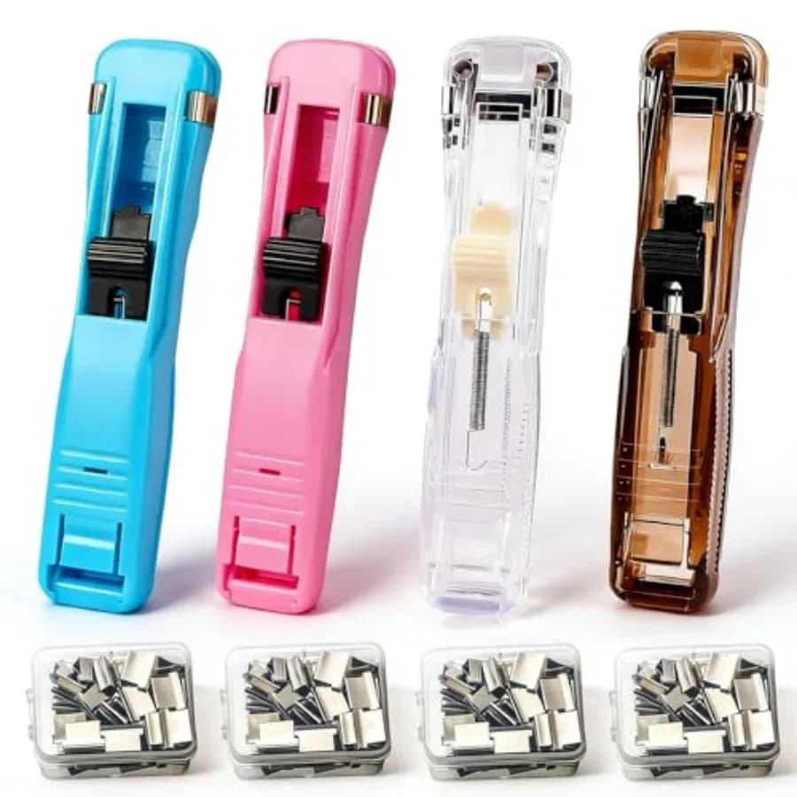 4 Pcs Portable Binder Clip Stapler, Includes 200 Reusable Push Clips, Handheld Paper Clam Clip Dispenser Large Size, Mini Push