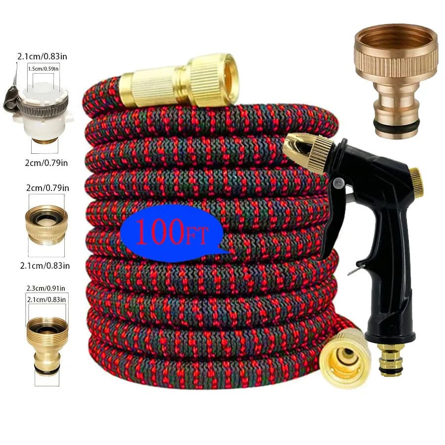 Expandable Garden Pipe 30 Meters Red and Black With Metal Spray Gun Resistant and Connectors in Solid Brass, Anti-loss Water Pipe