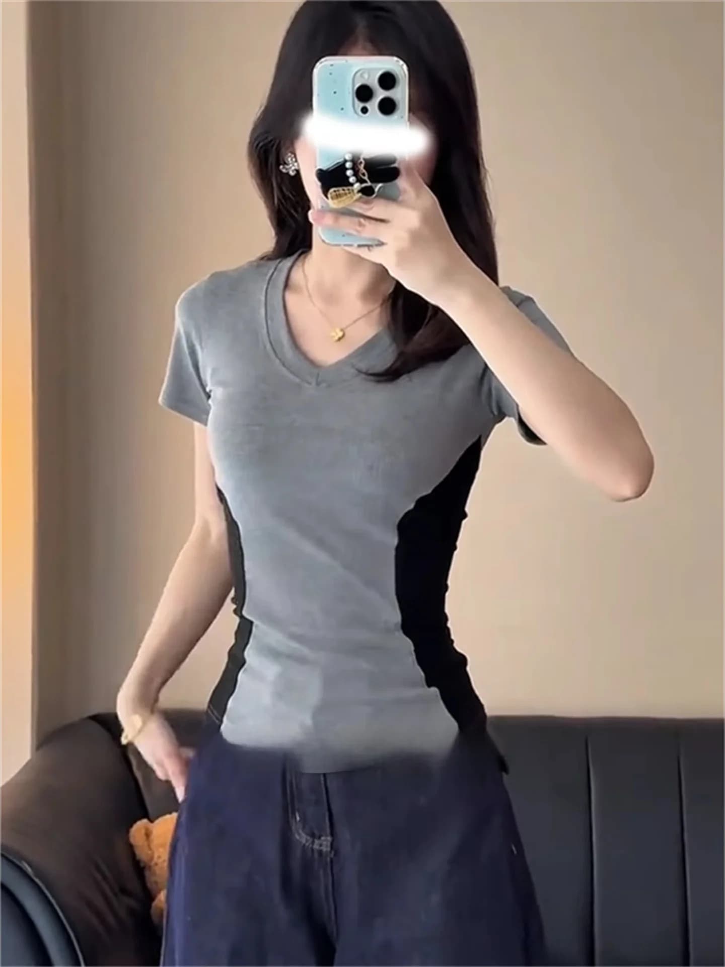 American Style V-Neck Slim Fit Waist T-Shirt Color Block Short Sleeve Women's Top Fashionable Spring Summer Casual Wear