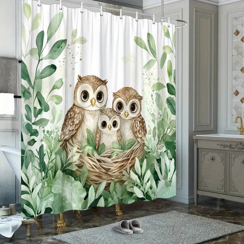 Tenda da doccia in poliestere da 1 pezzo: design a nido di 3 gufi saggi, 70,8x70,8", lavabile con 12 ganci, tema verde lussureggiante e ramoscelli