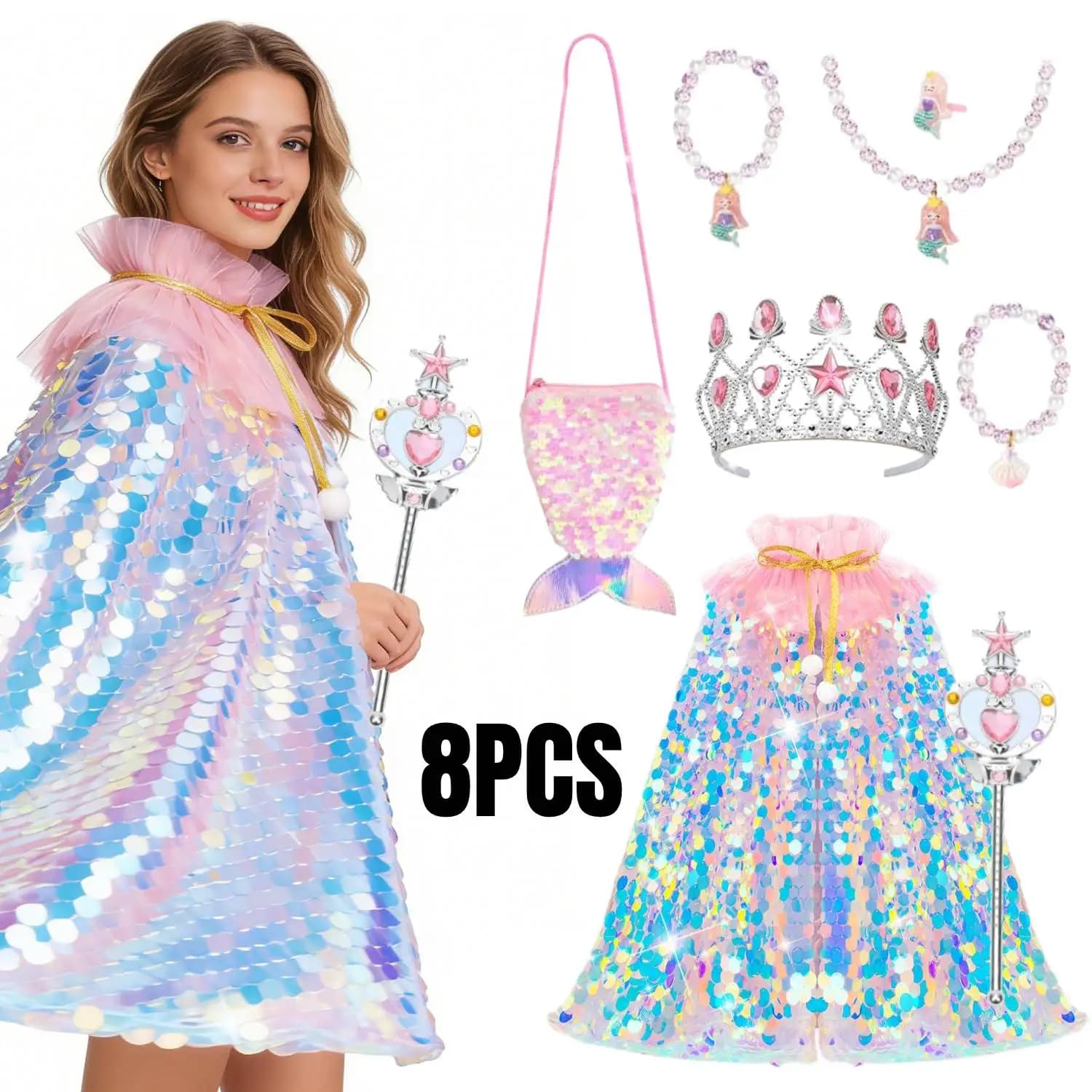 8 accessori scintillanti per costume da sirena da donna, mantello da sirena con corona, collana, anello, grazioso vestito da principessa