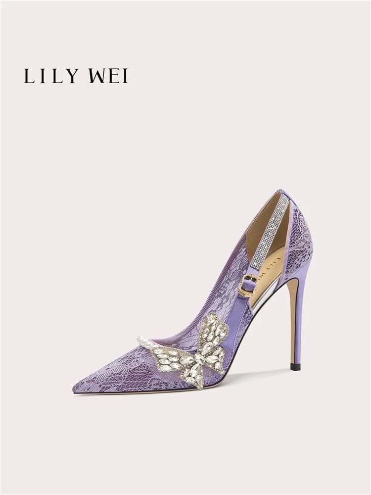 Spring and summer pointed shallow lace mesh crystal butterfly pearl sandals banquet large size small size high-heeled women shoe